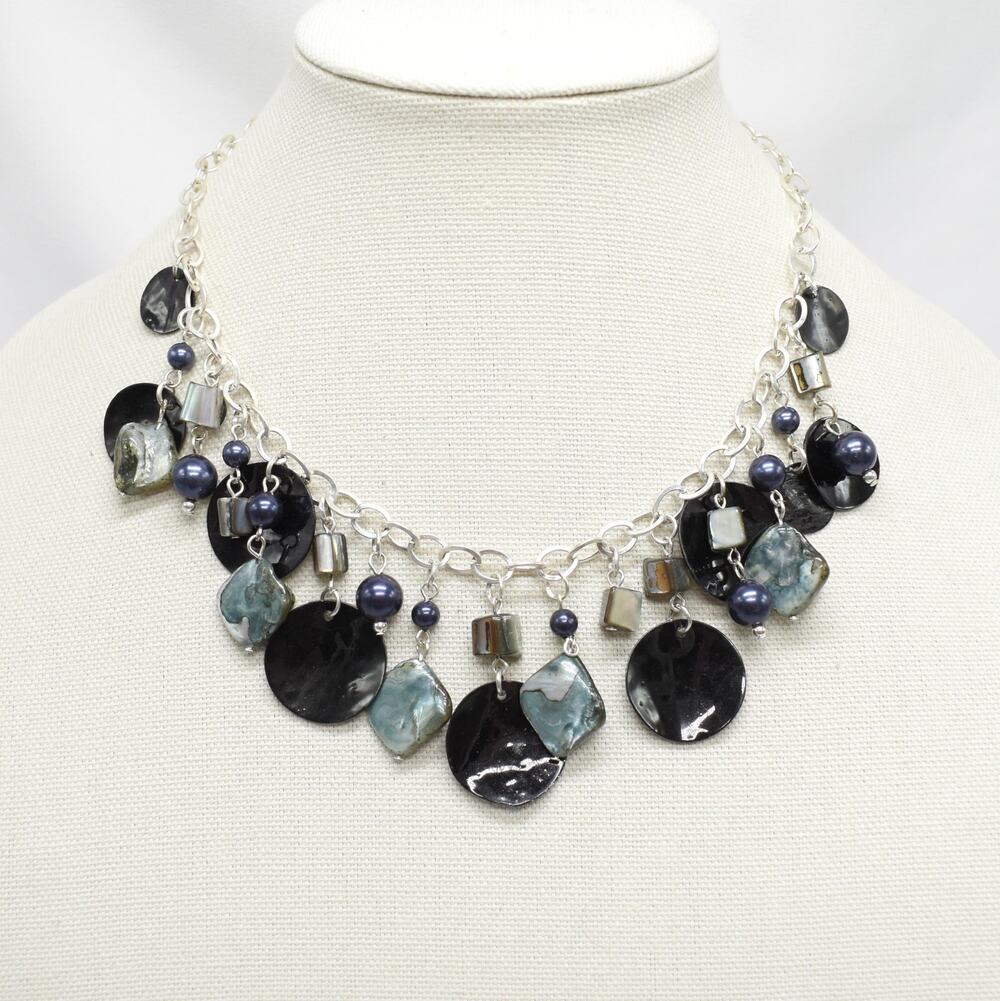 Black Silver Shell Statement Necklace Coastal Beach Boho Whimsy Mermaidcore Y2K